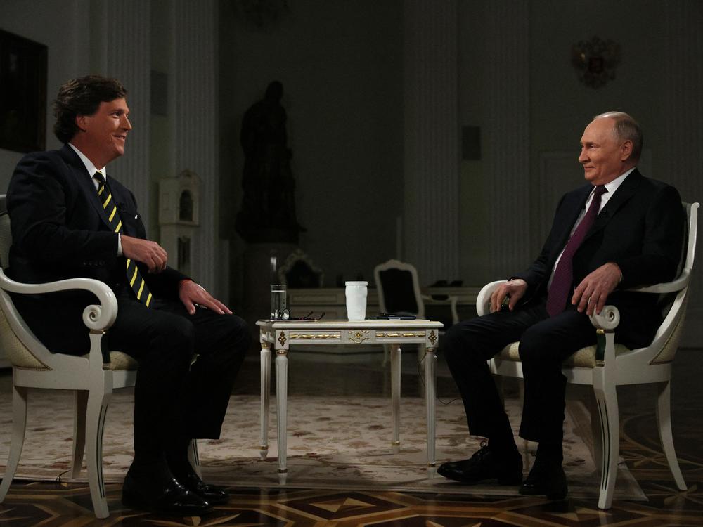 Russia's President Vladimir Putin gives an interview to Tucker Carlson at the Kremlin in Moscow.