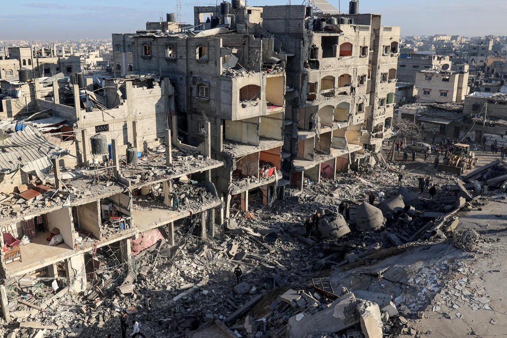 A view of destroyed buildings and the al-Faruq mosque following an Israeli air strike in the Rafah refugee camp on Feb. 22.