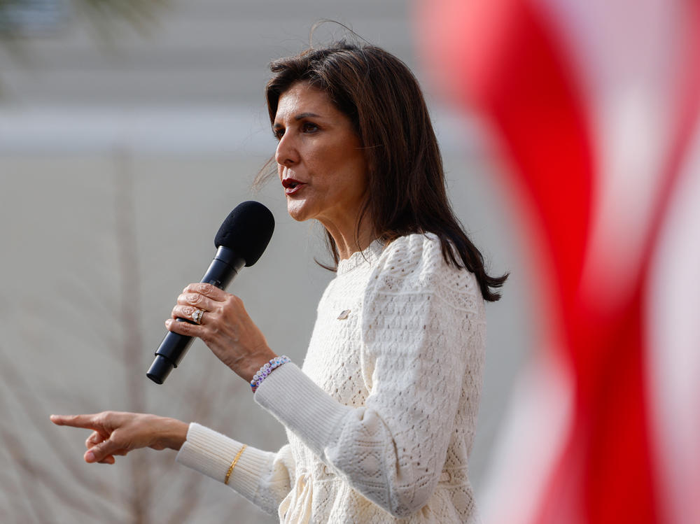 Republican presidential hopeful and former U.N. Ambassador Nikki Haley speaks during a campaign stop in Georgetown, S.C., on Thursday, ahead of the state's GOP primary on Saturday.