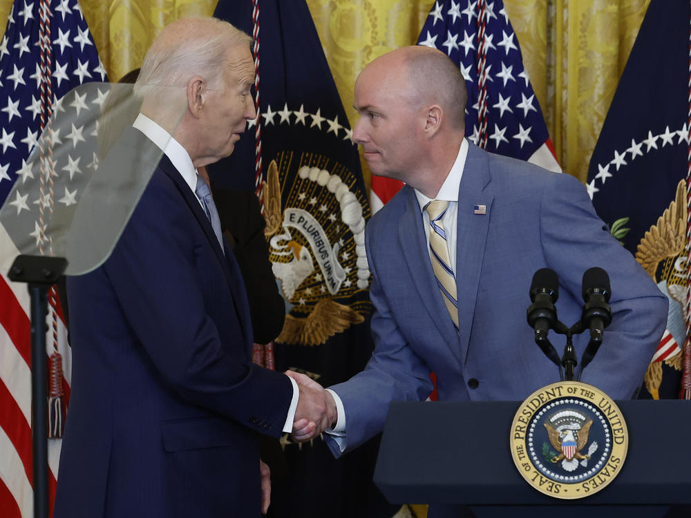 President Biden shakes hands with Utah Gov. Spencer Cox during a meeting with governors from across the country at the White House on Feb. 23.