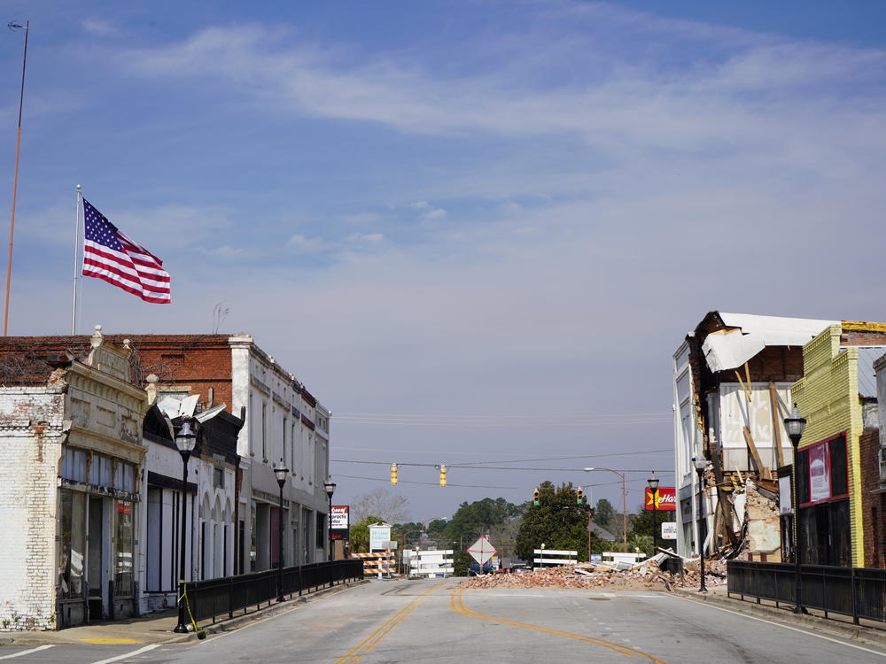The main street in Bamberg, S.C., where tornado damage from a storm in January is still evident. Nikki Haley, who was born and raised in Bamberg, visited the town just days before the S.C. primary election.
