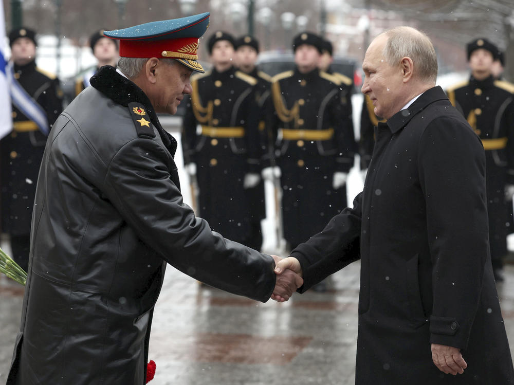 Russian President Vladimir Putin, right, shakes hands with Russian Defense Minister Sergei Shoigu as they arrive to take part in a wreath laying ceremony at the Tomb of the Unknown Soldier in Alexander Garden on Defender of the Fatherland Day, in Moscow, Russia, on Friday.