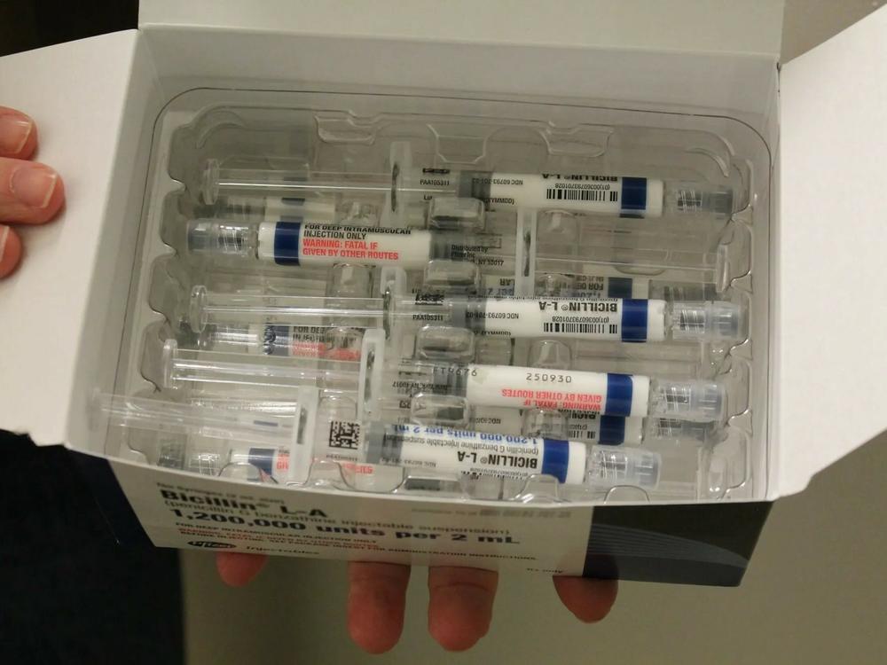 Vials of injectable penicillin in cold storage at the Metro Public Health Department in Nashville, Tenn. Injectable penicillin is the go-to treatment for syphilis and the only treatment considered safe for pregnant people with the disease.
