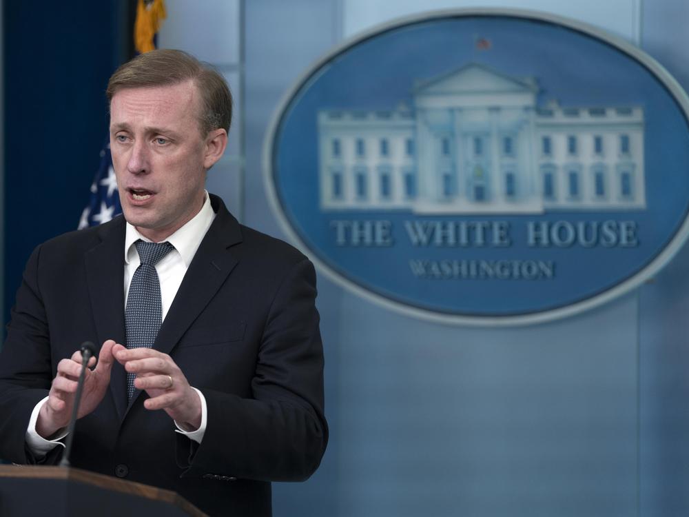 National security adviser Jake Sullivan speaks during a press briefing at the White House in Washington on Feb. 14.