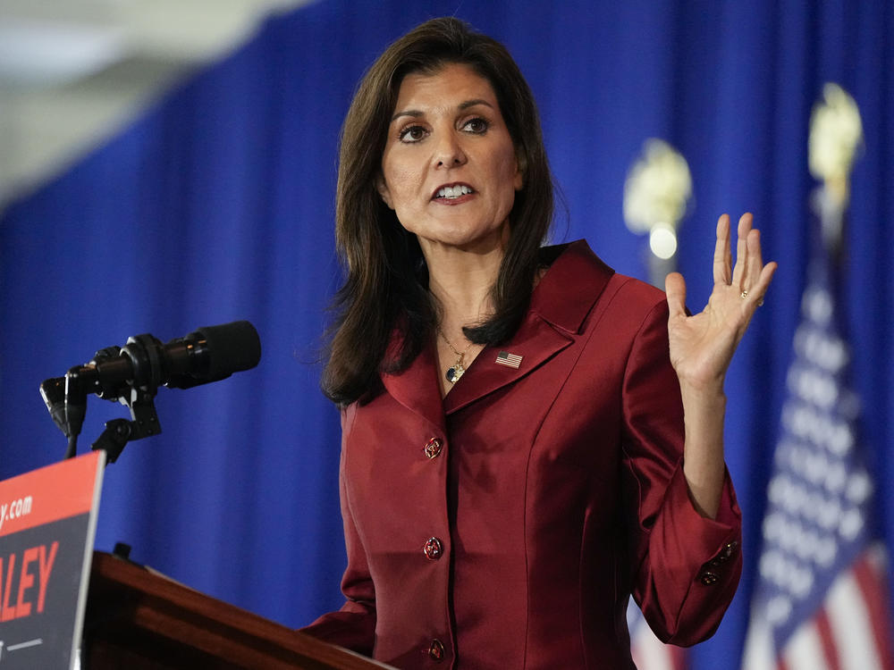 Republican presidential candidate former UN Ambassador Nikki Haley speaking at an election night event, Saturday, Feb. 24, in Charleston, S.C.