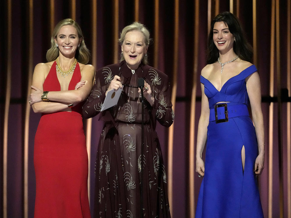 Emily Blunt, from left, Meryl Streep, and Anne Hathaway present the award for outstanding performance by a male actor in a comedy series during the 30th annual Screen Actors Guild Awards on Saturday, Feb. 24, 2024, at the Shrine Auditorium in Los Angeles.