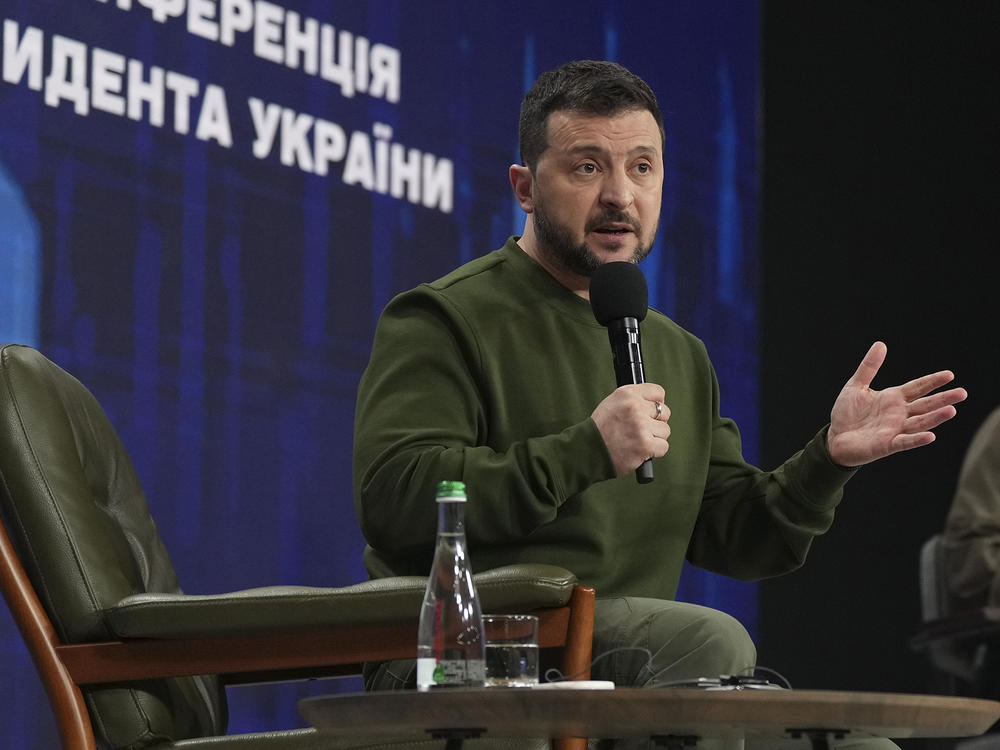 Ukrainian President Volodymyr Zelenskyy answers media questions, during his press conference in Kyiv, Ukraine, on Sunday.