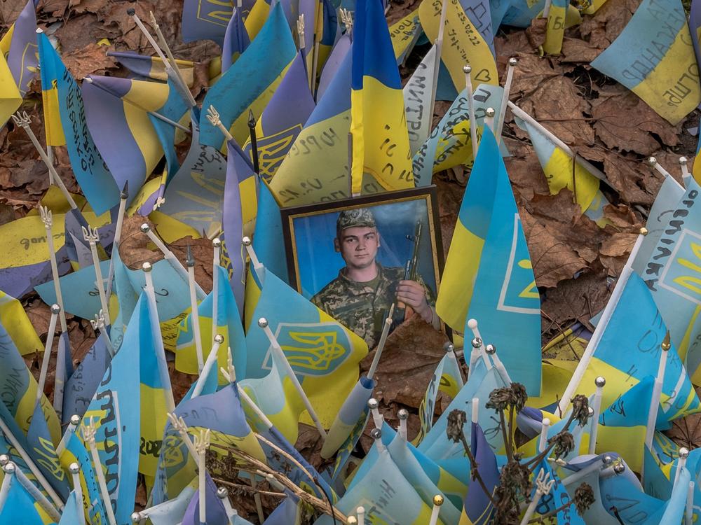 Flags commemorate fallen Ukrainian soldiers at Independence Square in Kyiv on Saturday, marking the second anniversary of Russia's invasion of Ukraine.