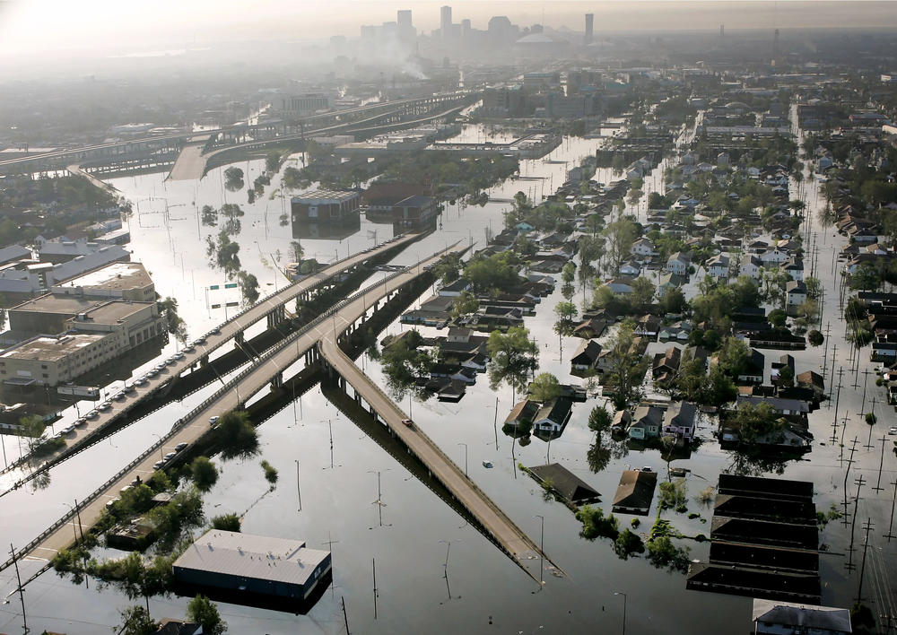 Floodwaters from Hurricane Katrina fill the streets of New Orleans in August 2005. The city is home to multiple colleges and universities, most of which sustained damage.