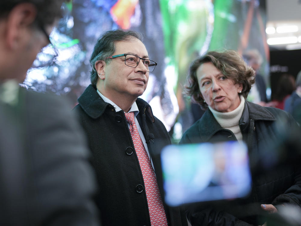 Colombian President Gustavo Petro talks to reporters at the annual meeting of the World Economic Forum in Davos, Switzerland, on Jan. 16.