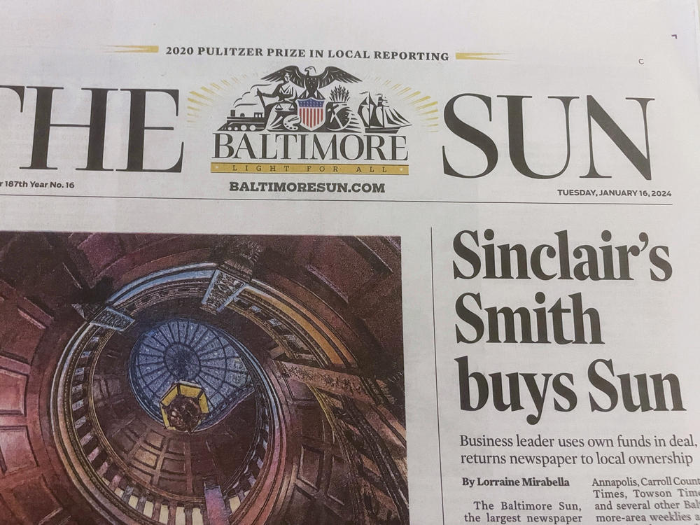 <em>The Baltimore Sun's</em> front page on Jan. 16, 2024 featured a story about the newspaper's purchase by David D. Smith, executive chairman of the Sinclair broadcasting chain and an active contributor to conservative causes.