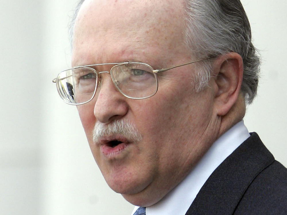 Alabama Supreme Court Justice Tom Parker speaks on the steps of the state judicial building on April 5, 2006, in Montgomery, Ala.