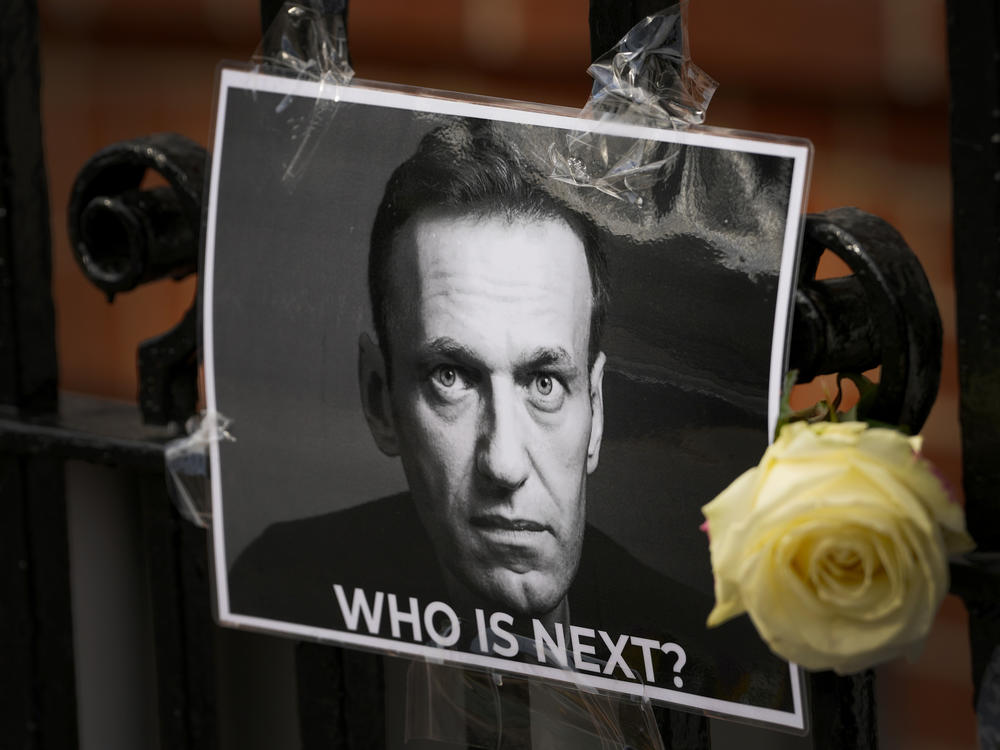 A flower and a picture are left as a tribute to Russian politician Alexei Navalny, near the Russian Embassy in London, Feb. 18.