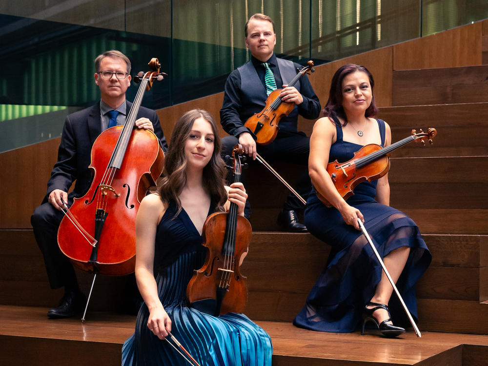 The Apollo Chamber Players create concerts in response to book banning, the refugee crisis, the war in Gaza and other world events. The members of the Houston based ensemble are Matthew Dudzik, left, Aria Cheregosha, Matthew J. Detrick and Anabel Ramírez.