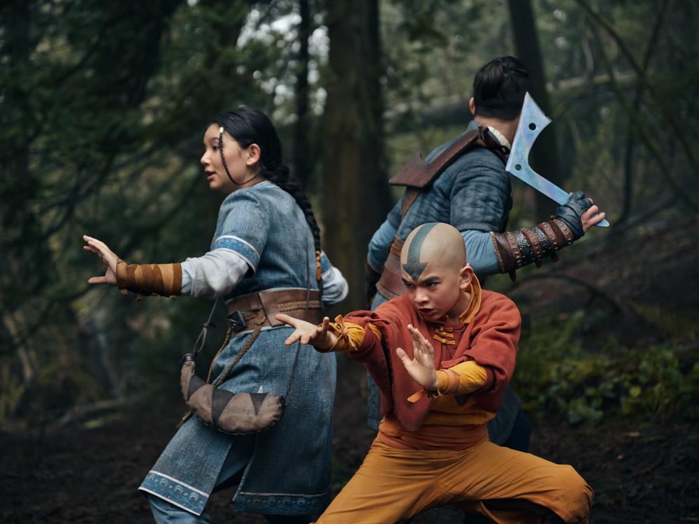 Kiawentiio as Katara, Gordon Cormier as Aang and Ian Ousley as Sokka.