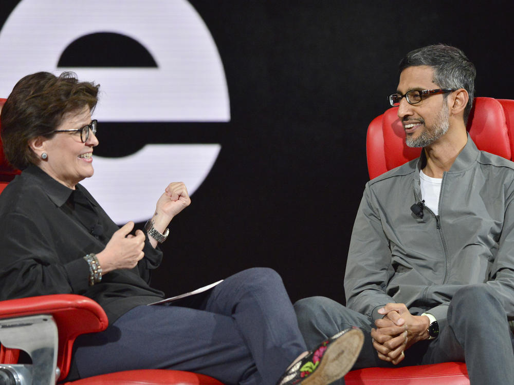Kara Swisher and Sundar Pichai speak onstage Vox Media's 2022 Code Conference on Sept. 6, 2022, in Beverly Hills, Calif.