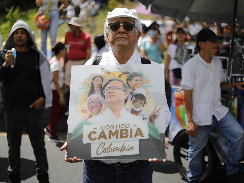 People take part in a rally in support of Colombian President Gustavo Petro in Medellín, Colombia, on Feb. 8.