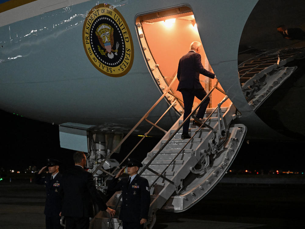 President Biden boards Air Force One on Feb. 26 after a quick trip to New York for a campaign event.