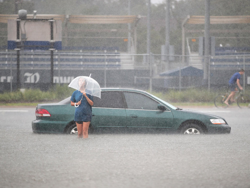 A flooded parking lot on the campus of Rice University after it was inundated with water from Hurricane Harvey in August 2017.
