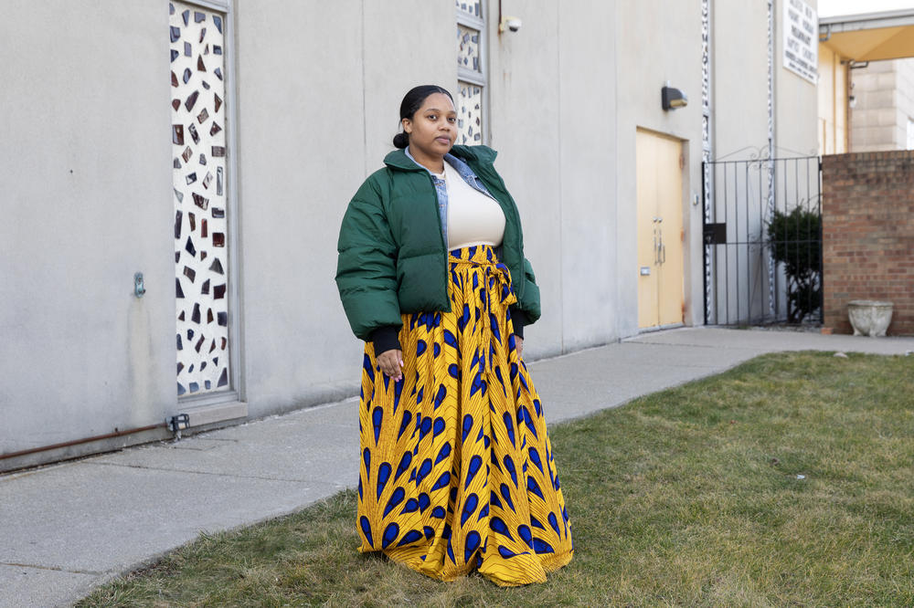 Deasia Sampson of Westland, Michigan, pictured outside Greater New Mt. Moriah Missionary Baptist Church on Sunday, voted for Biden in 2020 but isn't sure how she'll vote in November.