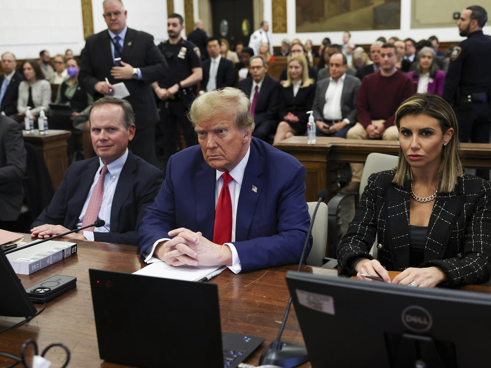 Former U.S. President Donald Trump, with lawyers Christopher Kise and Alina Habba, attends the closing arguments in the Trump Organization civil fraud trial at New York State Supreme Court in the Manhattan borough of New York, Jan. 11, 2024.