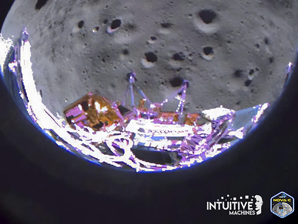 This image provided by Intuitive Machines shows its Odysseus lunar lander which captured this image approximately 35 seconds after pitching over during its approach to the landing site.