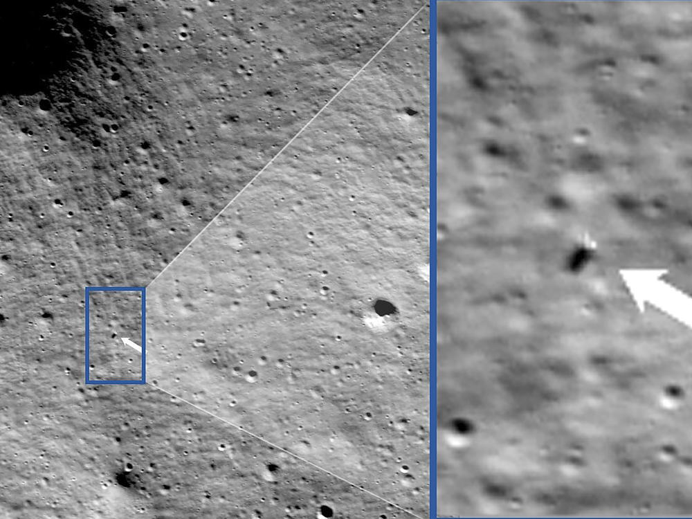 These photos provided by NASA show images from NASA's Lunar Reconnaissance Orbiter Camera team which confirmed Odysseus completed its landing.