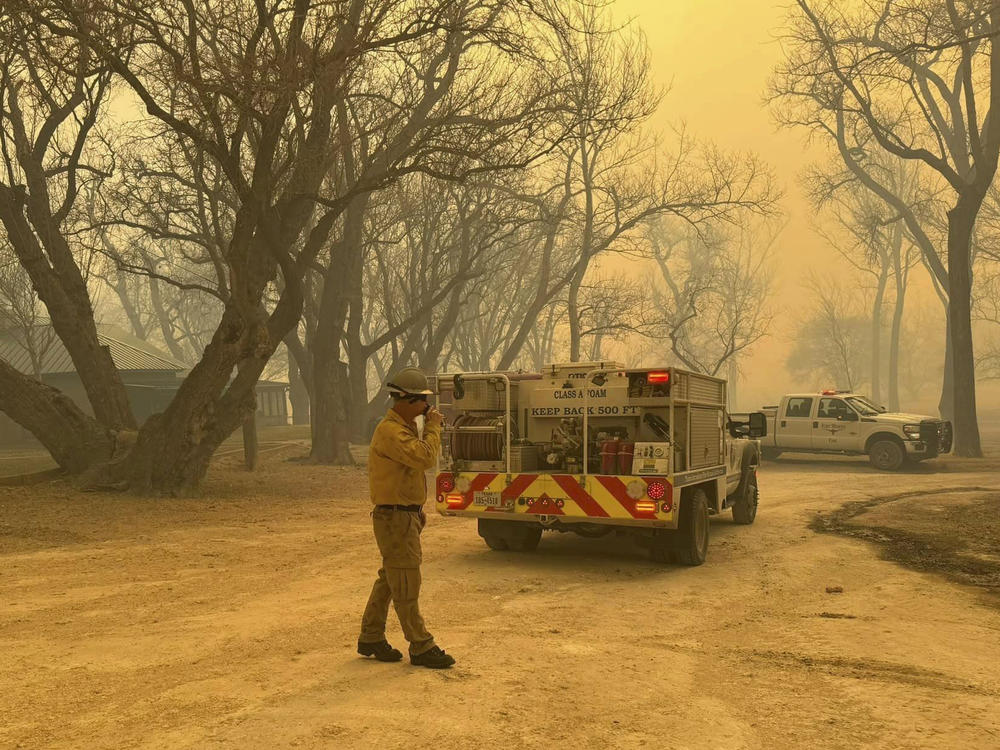 In this photo provided by the Flower Mound, Texas, Fire Department, Flower Mound firefighters respond to a fire in the Texas Panhandle, Tuesday, Feb. 27, 2024.