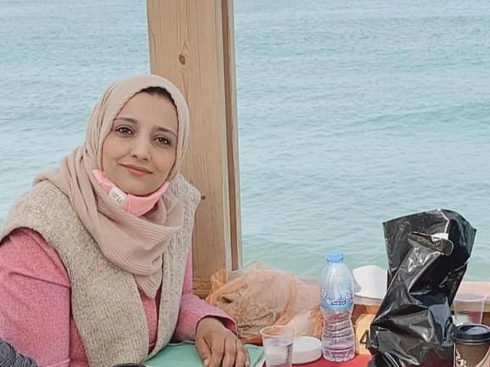 Eman Abusaeid in an undated photo near Gaza's coast. She struggled to keep her two children safe in the Gaza Strip, as Israeli bombs pounded her neighborhood in the days after Oct. 7, when Hamas militants attacked Israel.