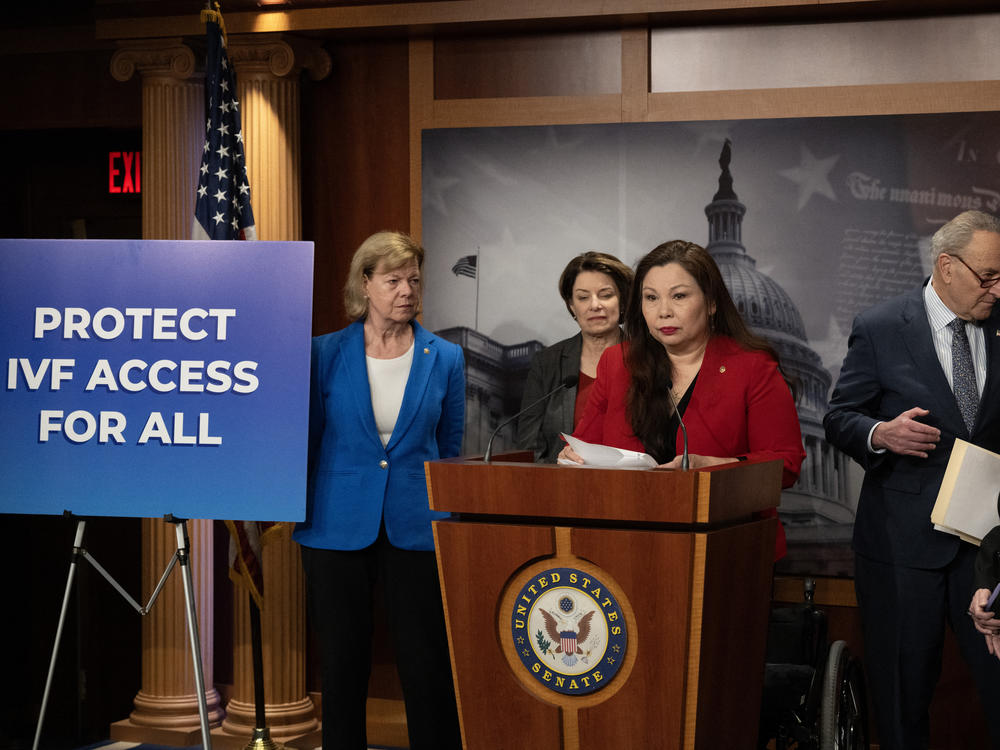 US Senator Tammy Duckworth (D-IL) speaks during a news conference, on protections for access to in vitro fertilization. Last week the Alabama Supreme Court ruled that frozen embryos have the same rights as children and people can be held liable for destroying them.