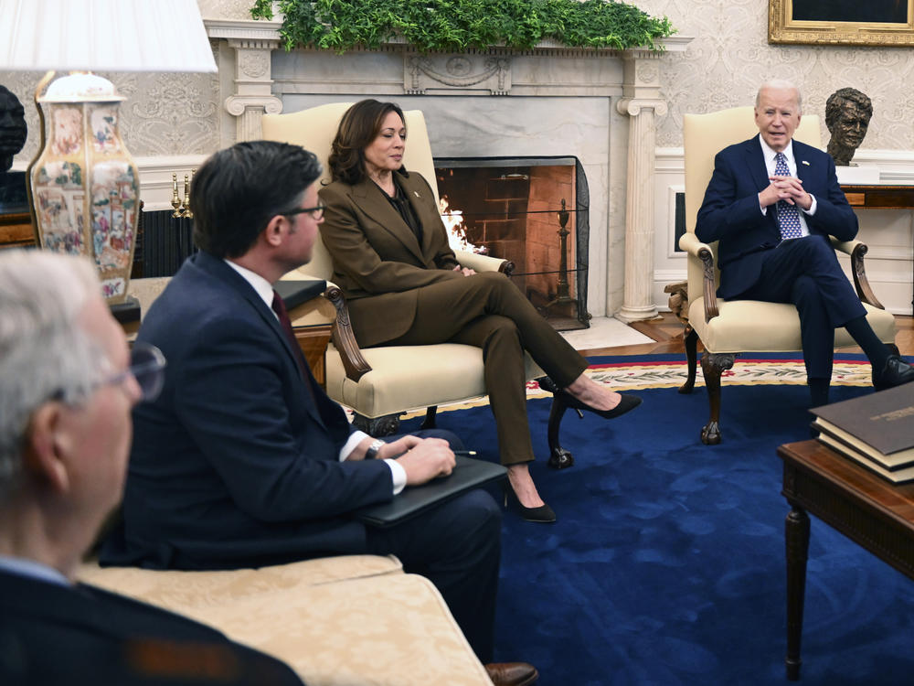 President Biden and Vice President Harris met with House Speaker Mike Johnson and other top congressional leaders in the Oval Office on Tuesday to discuss government funding and Ukraine aid.
