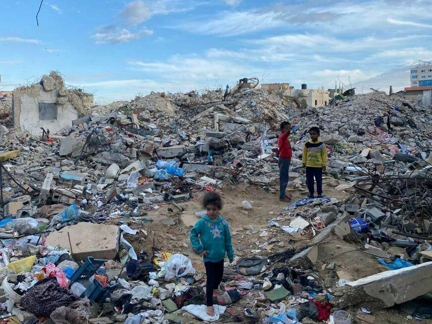 The rubble of a building in central Gaza where Eman Abusaeid and 22 members of her family were killed in an Israeli airstrike on Oct. 31.