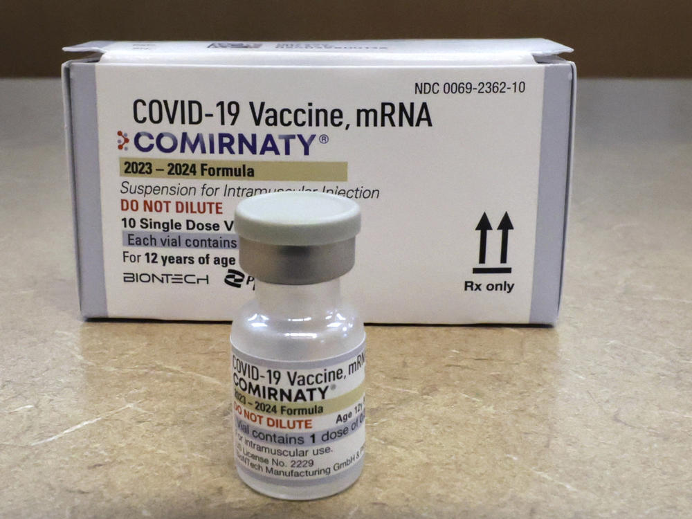 Comirnaty, a new Pfizer/BioNTech vaccination booster for COVID-19, is displayed at a pharmacy in Orlando, Fla., on Friday, Sept. 15, 2023.