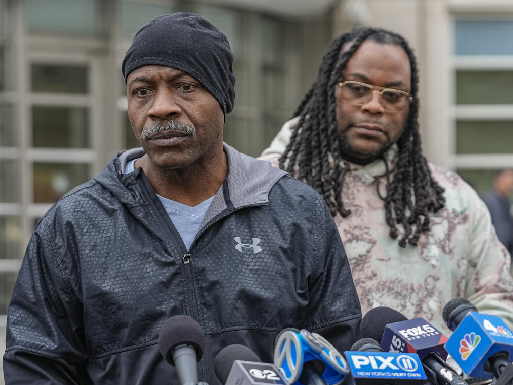 Carlis Thompson, cousin of slain Run-DMC star Jam Master Jay, speaks to media outside the United States Eastern District Courthouse, Tuesday, Feb. 27, 2024, in Brooklyn, New York.