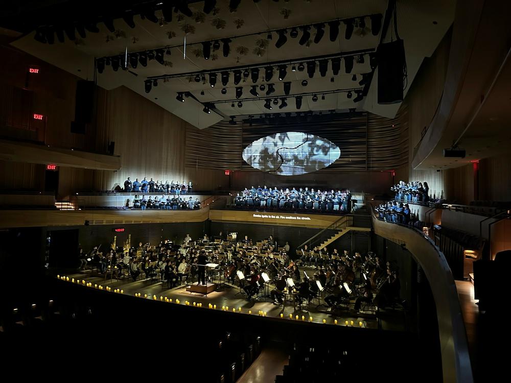 A rehearsal of <em>Émigré </em>by the New York Philharmonic at Lincoln Center's David Geffen Hall on Wednesday.