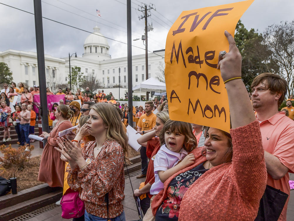 Hundreds gather for a protest rally in support of in vitro fertilization legislation on Wednesday in Montgomery, Ala.