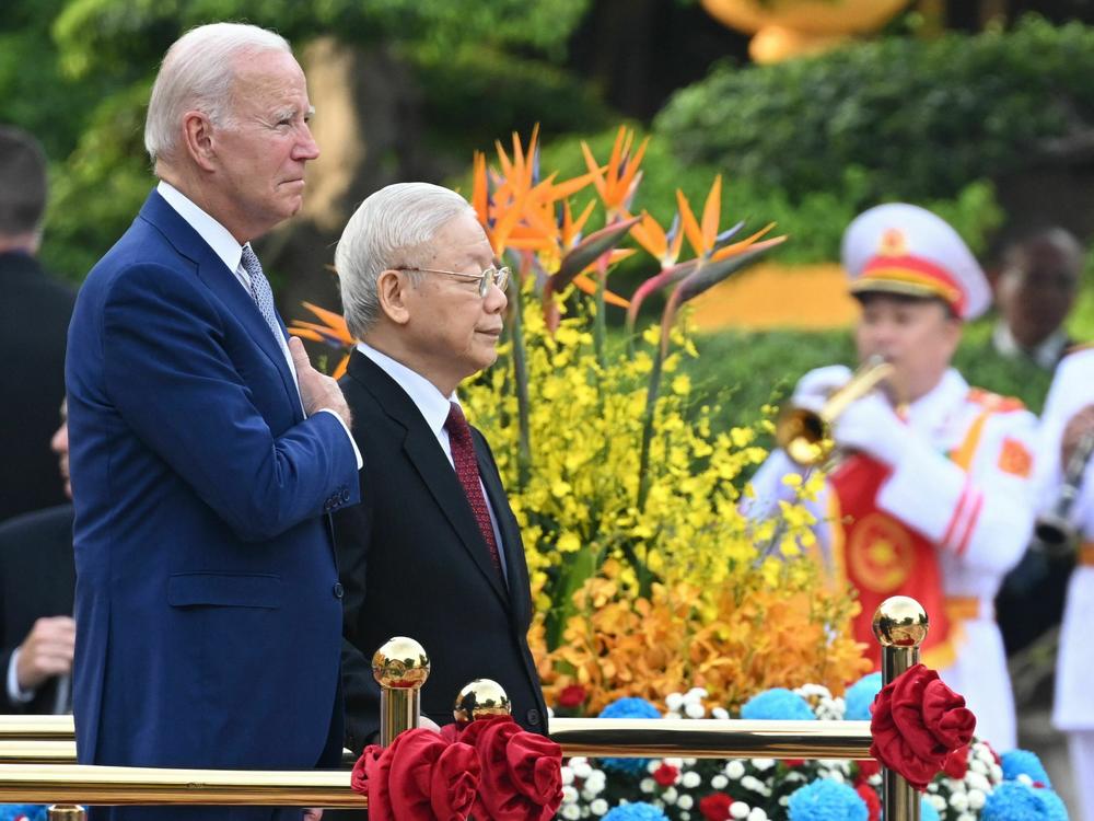 U.S. President Joe Biden attends a welcoming ceremony hosted by Vietnam's Communist Party General Secretary Nguyen Phu Trong at the Presidential Palace of Vietnam in Hanoi on Sept. 10, 2023.