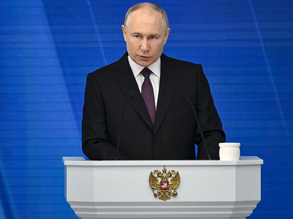 Russian President Vladimir Putin delivers his annual state of the nation address in Moscow on Thursday.