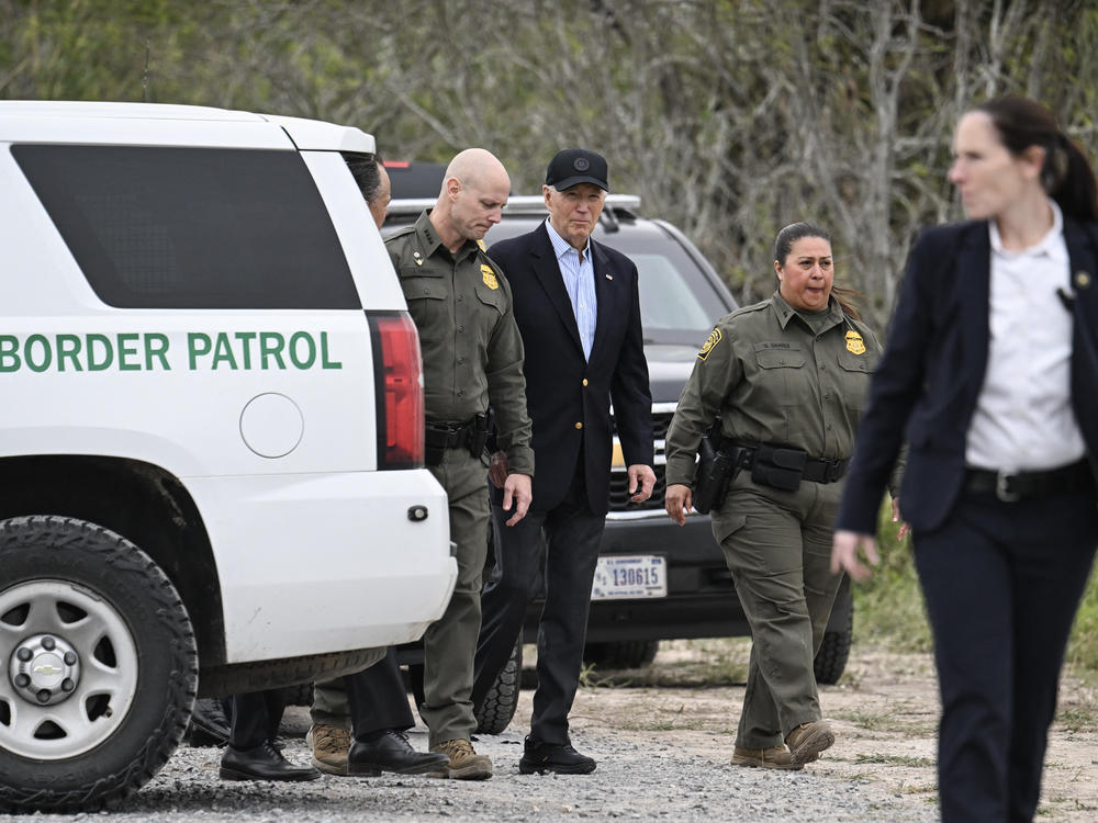 President Biden walks with Jason Owens, chief of the U.S. Border Patrol, in Brownsville, Texas, on Feb. 29.
