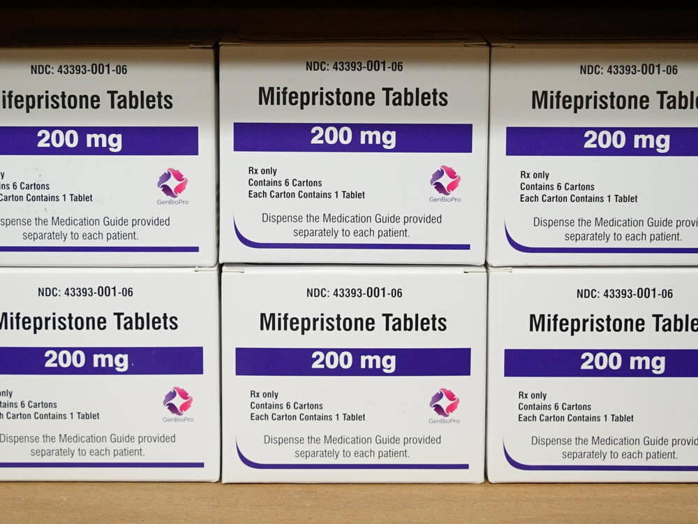 Boxes of the drug mifepristone sit on a shelf at the West Alabama Women's Center in Tuscaloosa, Ala., on March 16, 2022.