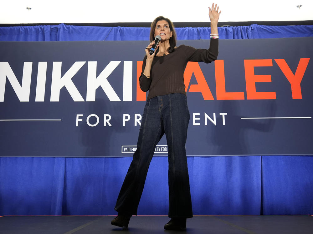 Republican presidential candidate and former U.N. Ambassador Nikki Haley speaks at a campaign event Thursday in Falls Church, Va.