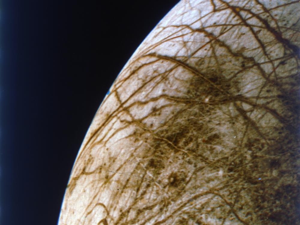 Europa, one of Jupiter's moons, seen from the unmanned Voyager 2 spacecraft in 1979.