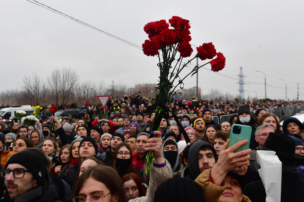 Mourners attend a funeral ceremony for late Russian opposition leader Alexei Navalny at the Borisovo cemetery in Moscow's district of Maryino on Friday.