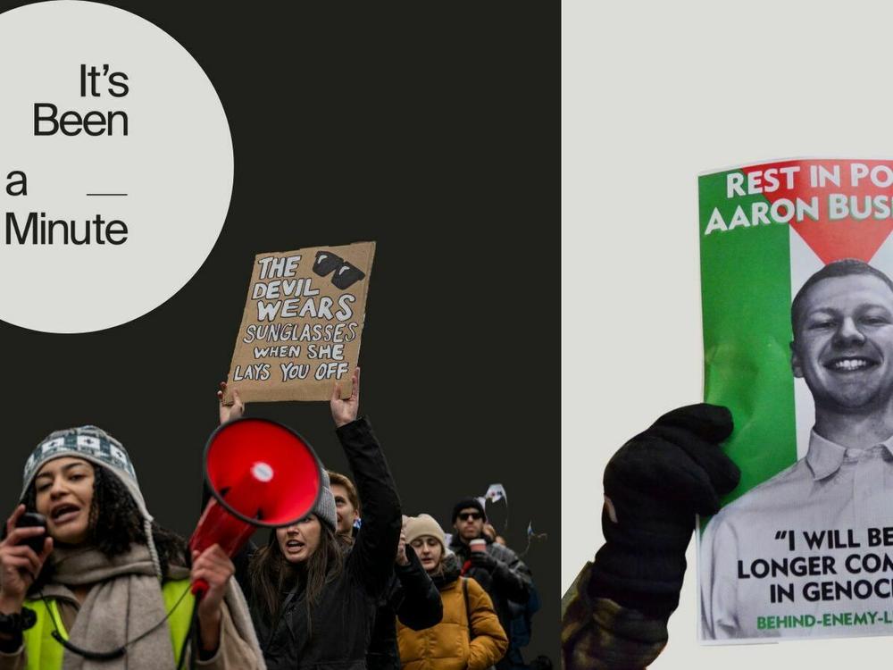 Conde Nast strike and Aaron Bushnell protest sign.