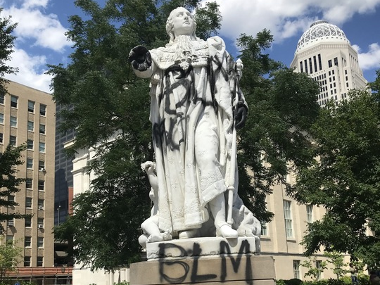 Protesters spray painted and broke a hand off Louisville's King Louis XVI statue in May 2020. Officials removed the monument in September that year.