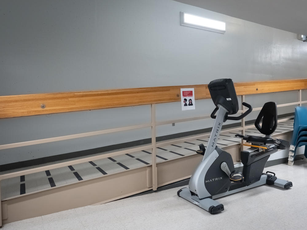 A wheelchair-accessible ramp and a stationary bike at the Minnesota Correctional Facility in Oak Park Heights, Minn., are physical accommodations made available for the aging population at the prison.
