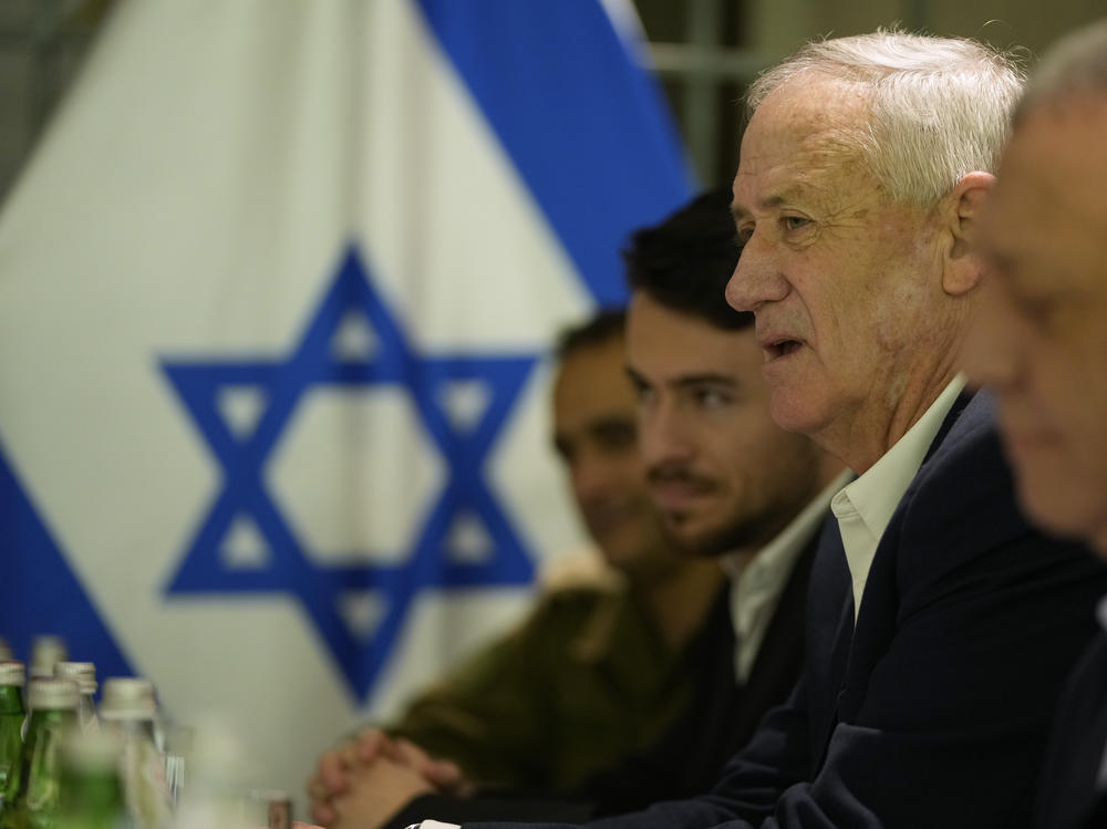 Former Israeli Defense Minister Benny Gantz, second right, meets with U.S. Secretary of State Antony Blinken in Tel Aviv, Israel, on Feb. 8.