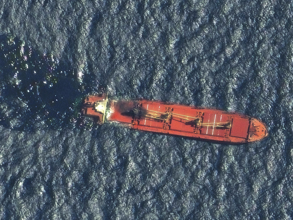This satellite image taken by Maxar Technologies shows the Belize-flagged ship Rubymar in the Red Sea on Friday. The Rubymar, earlier attacked by Yemen's Houthi rebels, has sunk after days of taking on water, officials said Saturday.
