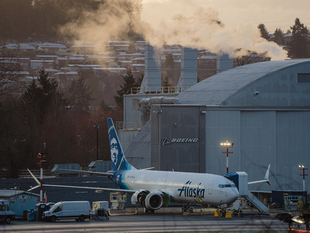 Boeing workers at the Renton Municipal Airport in Washington finalize assembly of an Alaska Airlines Boeing 737 Max jet on Feb. 27. An FAA audit faulted Boeing for 