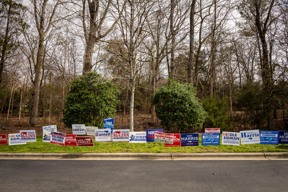 Signs in Charlotte, N.C., near an early voting site for the primary elections. Democrats say they think they can win the presidential race in November because of voter concerns about abortion rights.